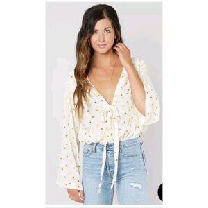 Free People Forties Feels Bodysuit Floral Bell Sleeve Boho Ivory Yellow Large